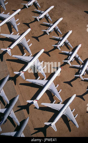 desert-storage, aerial-view of United Airlines Boeing 727s, McDonnell Douglas DC-8s and TWA DC-9s parked due to the economic recession after the Septe Stock Photo