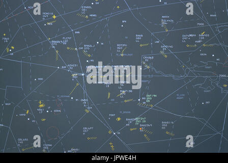 radar screen showing aircraft in UK airways and airspace centred on London Heathrow terminal area Stock Photo
