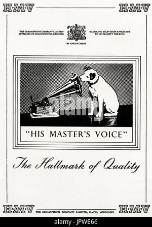 1950s old vintage original advert advertising HMV His Master's Voice gramophone company by Royal Appointment to His Majesty The King in magazine circa 1950 Stock Photo