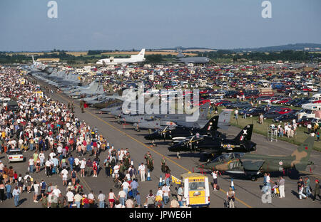 Portuguese Air Force Dassault Breguet Dornier Alpha Jet parked in a row of fighters inlcluding Royal Air Force RAF BAE Hawks and Harriers in the stati Stock Photo