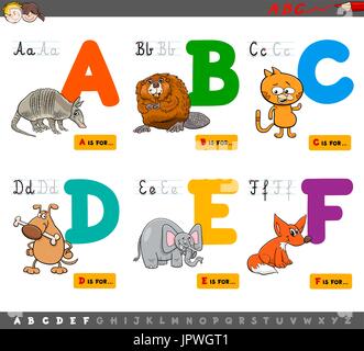 Cartoon Illustration of Capital Letters Alphabet Set with Animal Characters for Reading and Writing Education for Children from A to F Stock Vector