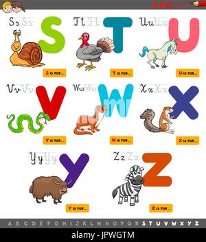 Cartoon Illustration of Capital Letters Alphabet Set with Animal Characters for Reading and Writing Education for Children from S to Z Stock Vector