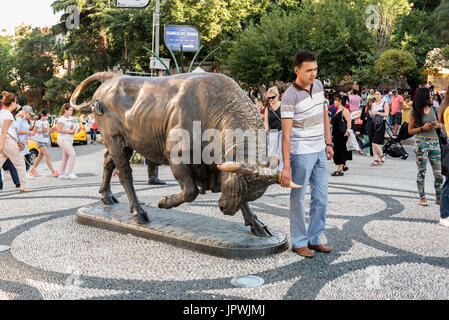 Bull statue at the Kadikoy square is symbol of Kadikoy and a popular meeting point. TURKEY, ISTANBUL,29 JULY 2017 Stock Photo