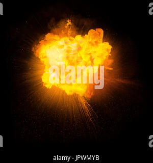 Realistic fiery explosion with sparks over a black background Stock Photo