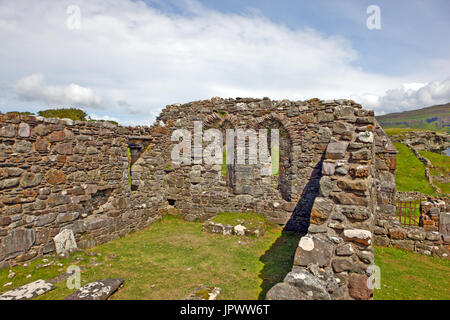 Inch Kenneth near the Isle of Mull, Scotland. 13th century ruined chapel showing the double lancet windows in the east wall. Stock Photo