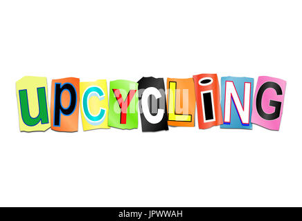 3d Illustration depicting a set of cut out printed letters arranged to form the word upcycling. Stock Photo