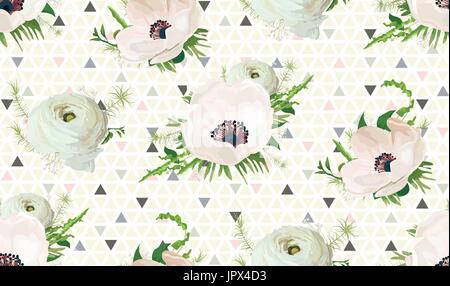 Seamless pattern vector: bouquets of Pink Anemone white garden Ranunculus flowers seasonal green Elegant design on geometrical triangle background flo Stock Vector