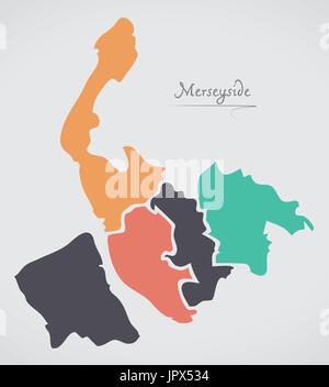 Merseyside England Map with states and modern round shapes Stock Vector