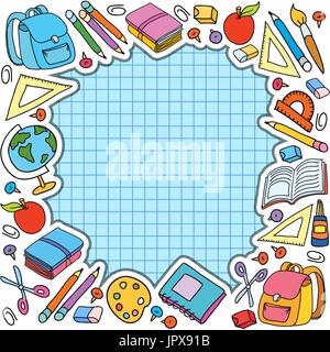 bunner cell sheet in cage with set of different school things bag apple vector illustration Stock Vector