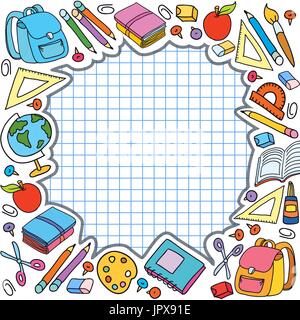 bunner cell sheet in cage with set of different school things bag apple vector illustration Stock Vector