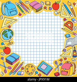 bunner yellow cell sheet in cage with set of different school things bag apple vector illustration Stock Vector