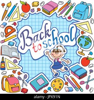 bunner cell sheet in cage with pupil set of different school things back to school apple vector illustration Stock Vector