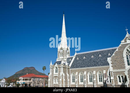 Dutch Reformed Church in Graaff-Reinet, Eastern Cape, South Africa. Imposing building in Cape Dutch style with tall steeple. Stock Photo