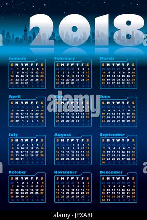 Urban blue calendar for 2018, weeks starts on Sunday Stock Vector