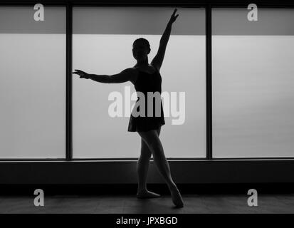 Black and White Ballet dancer Silhouette in a Window frame Stock Photo
