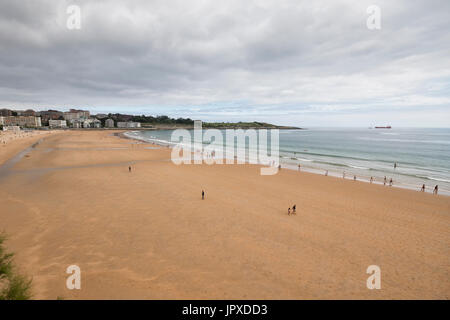 Wide angle view of Sardinero beach in a cloudy day (Santander, Cantabria, Spain). Stock Photo