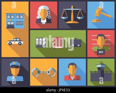 Horizontal flat design long shadow illustration with law and criminal justice symbols Stock Vector