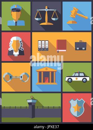 vertical flat design long shadow illustration with various law and criminal justice symbols Stock Vector