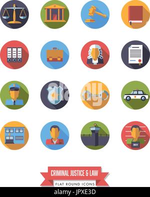 Collection of circular law and criminal justice icons. Flat design long shadow round symbols. Stock Vector