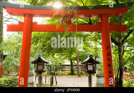 Gateway to Shinto Shrine in Kanazawa, Japan with sun flaring through summer green Maple leaves Stock Photo