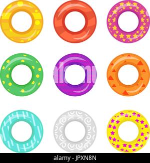 Lifebuoy icon set. Rings for swimming collection.Flat cartoon style, isolated on white background. Vector illustration Stock Vector