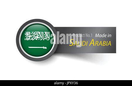 Flag icon and label with text made in Saudi Arabia . Stock Vector