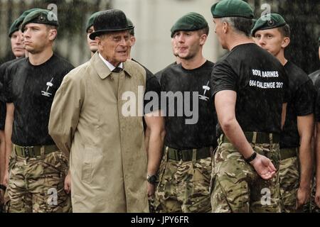 London, UK. 2nd August, 2017. London, Royal Marines' Captain General for the last time at Buckingham Palace in London. 2nd Aug, 2017. Britain's Prince Philip(L in front), Duke of Edinburgh, talks with soldiers as he attends a parade in the role of Royal Marines' Captain General for the last time at Buckingham Palace in London, Britain on Aug. 2, 2017. Prince Philip, husband of Queen Elizabeth II, carries out his final solo public engagement Wednesday before he retires from royal duties. Credit: Pool/Xinhua/Alamy Live News Stock Photo