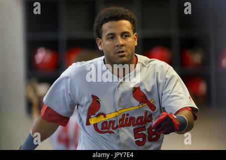 August 1, 2017: St. Louis Cardinals left fielder Jose Martinez #58 during the Major League Baseball game between the Milwaukee Brewers and the St. Louis Cardinals at Miller Park in Milwaukee, WI. John Fisher/CSM Stock Photo