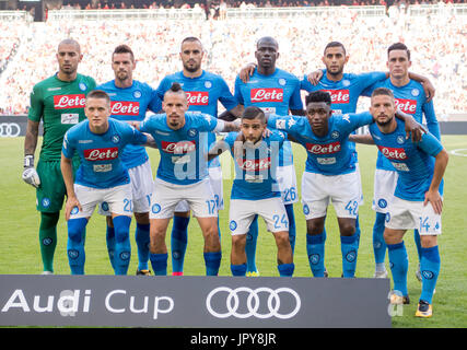 Munich, Germany. 2nd Aug, 2017. SSCSSC Napoli team group line-up Football/Soccer : Napoli team group shot (Top row - L to R) Luigi Sepe, Christian Maggio, Nikola Maksimovic, Kalidou Koulibaly, Faouzi Ghoulam, Jose Maria Callejon, (Bottom row - L to R) Piotr Zielinski, Marek Hamsik, Lorenzo Insigne, Amadou Diawara and Dries Mertens before the Audi Cup 2017 Third place play-off match between FC Bayern Munchen 0-2 SSC Napoli at Allianz Arena in Munich, Germany . Credit: Maurizio Borsari/AFLO/Alamy Live News Stock Photo