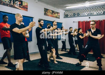 (170803) -- NEW YORK, Aug. 3, 2017 (Xinhua) -- Alex Richter (1st R) gives lessons to his high-level students at his Kung Fu school 'City Wing Tsun' in New York, the United States, July 12, 2017. Hidden in the midtown of bustling New York City is 'City Wing Tsun'. This is Alex Richter's Kung Fu school which features, as the name suggests, Wing Tsun, a Hong-Kong style martial art. As a native-born American kid, Richter was hugely influenced by the martial art films star Bruce Lee. His love towards Kung Fu, especially Wing Tsun, which Bruce Lee learned as a teenager, has been with him ever since. Stock Photo