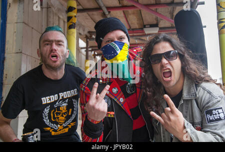 Punk Rock Fashion & Punk Rock Clothing at Blackpool, Lancashire, UK. August, 2017. SEM Futuro, Punk Rock Band from Brazil Rebellion Festival world's largest punk festival begins as thousands of punks arrive in Blackpool for international punk festival. At the beginning of August, Blackpool’s Winter Gardens plays host to a massive line up of punk bands for the 21st edition of Rebellion Festival. There’s a fringe fest running alongside the main event, called  “At the Edge” with an art exhibition & alternative fashion vintage clothing Stock Photo