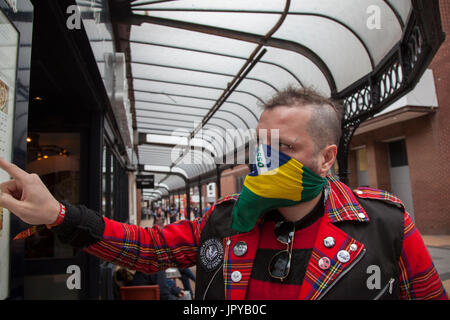 Punk Rock Fashion & Punk Rock Clothing at Blackpool, Lancashire, UK. August, 2017. SEM Futuro, Punk Rock Band from Brazil Rebellion Festival world's largest punk festival begins as thousands of punks arrive in Blackpool for international punk festival. At the beginning of August, Blackpool’s Winter Gardens plays host to a massive line up of punk bands for the 21st edition of Rebellion Festival. There’s a fringe fest running alongside the main event, called  “At the Edge” with an art exhibition & alternative fashion vintage clothing Stock Photo