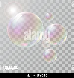 Realistic soap bubbles with rainbow reflection. set isolated vector illustration Stock Vector