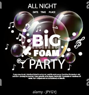 Vector festive banner design template for summer foam Night Party with bubbles around glowing circle. Magic blurred disco background with blue and pur Stock Vector