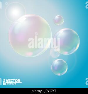 Transparent soap bubbles. Vector illustration on blue background. Stock Vector