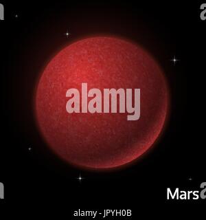 Realistic glowing Mars planet Isolated. Glow with transparency on black background. Lighting effects. Glowing planet. Realistic space object. Stock Vector
