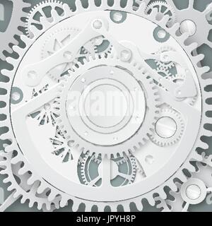 Abstract  clockwork mechanism. White gears with centre on the gray background. Eps 10 vector illustration. Cover design. Stock Vector