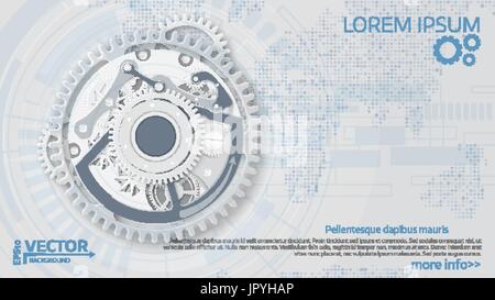 Vector futuristic technology, 3d white paper clockwork mechanism on circuit board. Illustration hi-tech, engineering, digital telecoms concept. With s Stock Vector