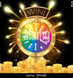 Realistic 3d spinning fortune wheel, lucky roulette vector illustration. Win. firework explosion. Gold coins stack. Stock Vector