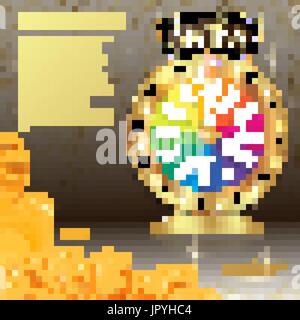 Realistic 3d spinning fortune wheel, lucky roulette vector illustration. Win. firework explosion. Gold coins stack. Stock Vector