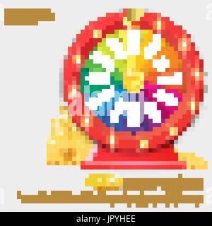 Fortune spinning wheel in flat vector style. Gambling concept, win jackpot in casino illustration. Gold coin stack. Stock Vector