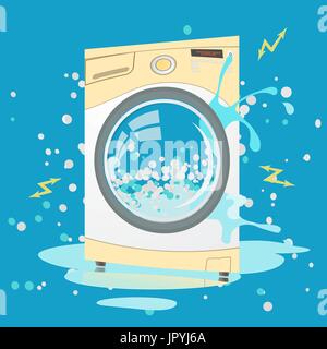 Vector  colorful flat illustration of Broken washing machine in cartoon style. Bubbles,Sparks. Money back guarantee.  Repair service Stock Vector