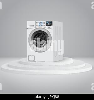 Realistic white front loading washing machine on  round white podium Perspective view, close-up. 3d realistic vector washer. Stock Vector