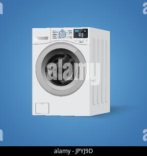 Realistic white front loading washing machine on a blue background. Front view, close-up. 3d realistic vector washer. Stock Vector
