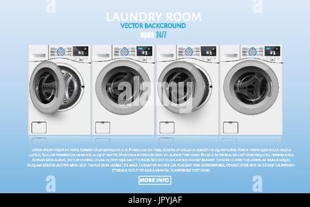 Laundry Room. realisic vector washers on blue background.  Cover  template.  bannner design.  Vector illlustration Stock Vector