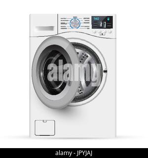 Realistic white front loading washing machine on a white background. Front view, close-up. 3d realistic vector washer. open door Stock Vector
