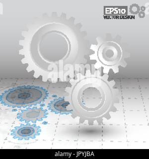 White 3d gears on the gray blueprint  background. Infographic template. Cover template. Vector design. eps10 Stock Vector