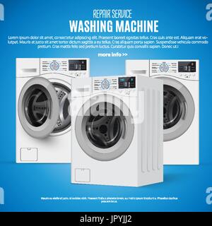 realisic vector washers on  blue background. Perspective view. Cover  template.  banner design.  Vector illustration.  washine machine repair service. Stock Vector