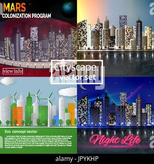Cityscape vector illustration set. Mars colonization program. Morning cityscape.    Night cityscape.  Eco concept city skyline in paper cut style. Stock Vector