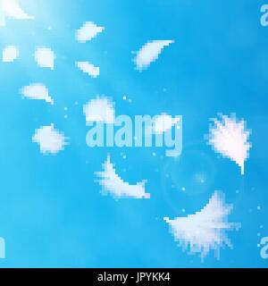 Realistic 3d detailed white swan feathers on a light blue background. Vector illustration. Falling feathers abstract light composition Stock Vector